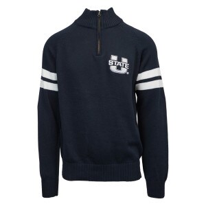 knit 1/4-zip ustate logo. doubled striped sleeves